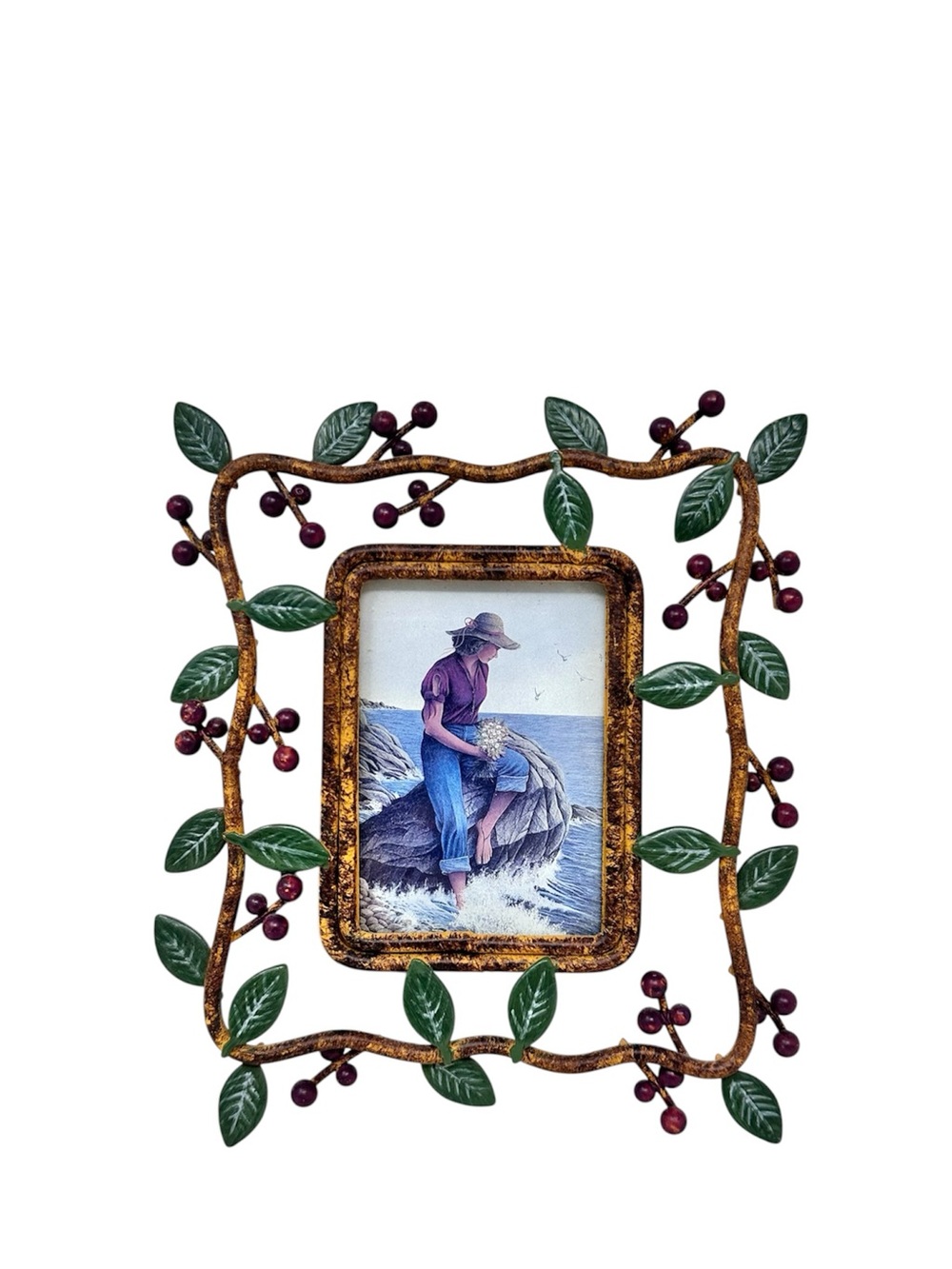 Decorative Metal Picture Frame with Green Leaves Burgundy Holly Berries Small